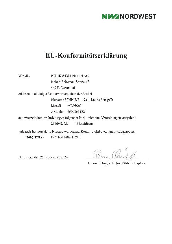 Hebeband DIN EN 1492-1 L.3m gelb Tragf.einf.3000kg TECWERK