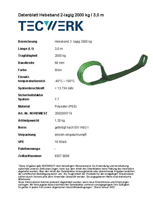 Hebeband DIN EN 1492-1 L.3m grün Tragf.einf.2000kg TECWERK