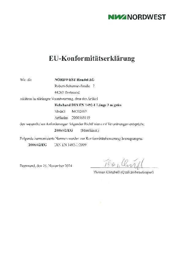 Hebeband DIN EN 1492-1 L.3m grün Tragf.einf.2000kg TECWERK