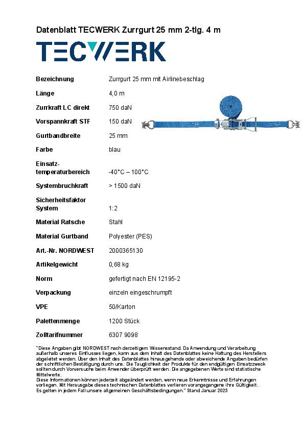 Zurrgurt DIN 12195-2 L.4m B.25mm m.Ratsche+Airlinebeschlag LC U 1500 daN TECWERK