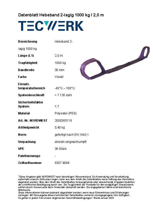 Hebeband DIN EN 1492-1 L.2m violett Tragf.einf.1000kg TECWERK