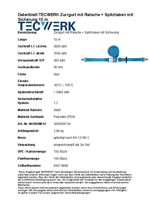 Zurrgurt DIN 12195-2 L.10m B.50mm m.Ratsche+Spitzh.m.Sicherung LC U 5000 daN TW