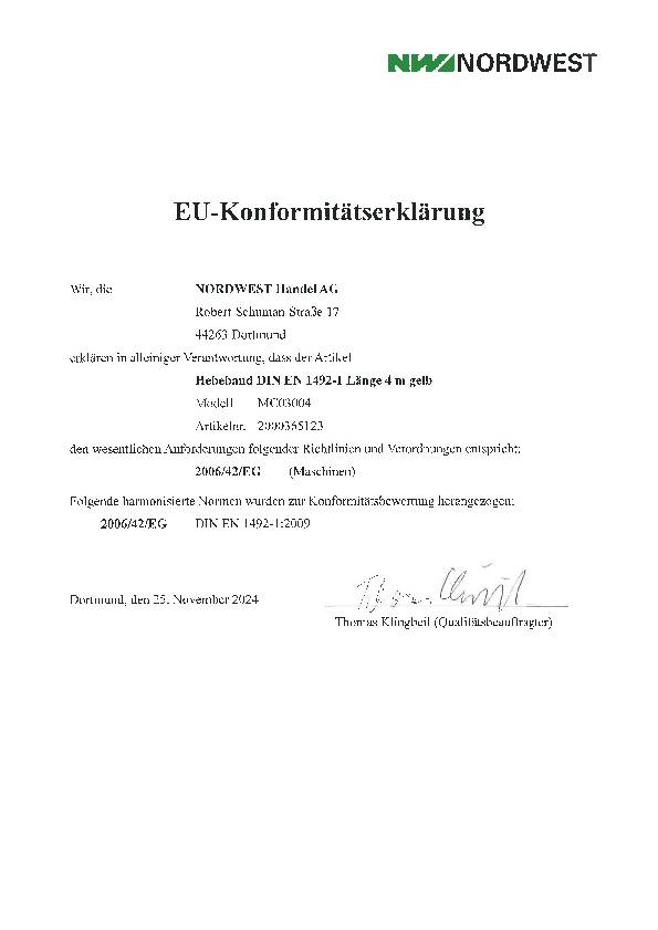 Hebeband DIN EN 1492-1 L.4m gelb Tragf.einf.3000kg TECWERK