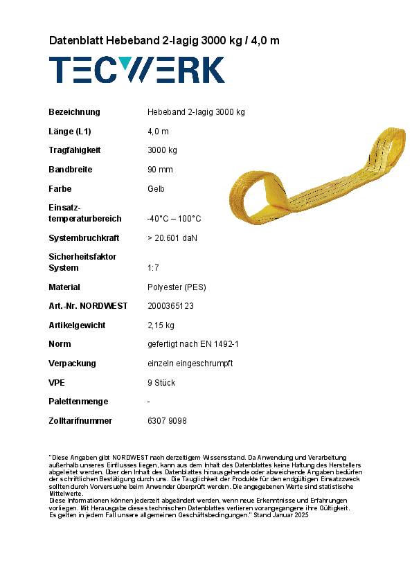 Hebeband DIN EN 1492-1 L.4m gelb Tragf.einf.3000kg TECWERK