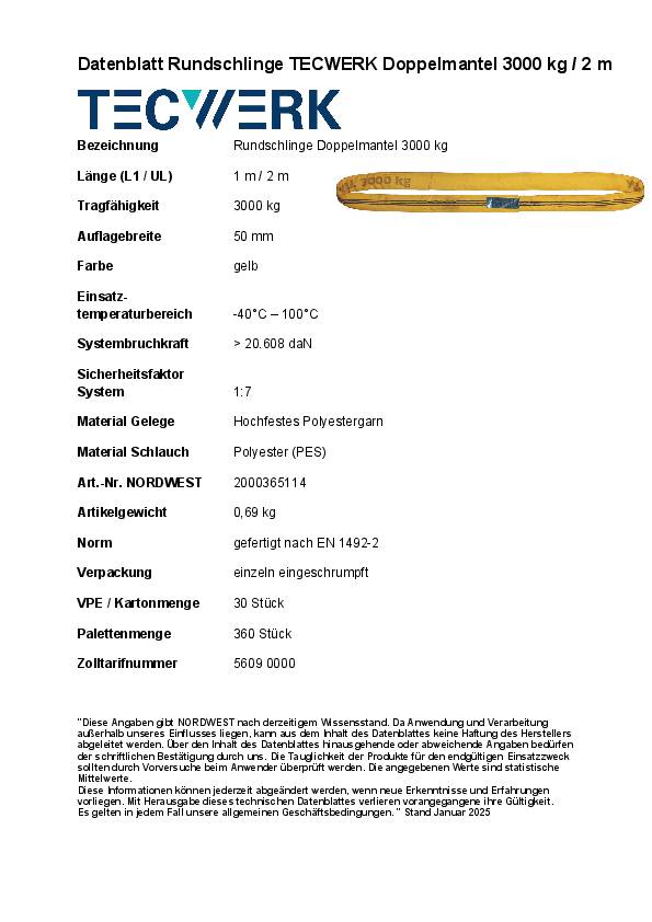 Rundschlinge DIN EN 1492-2 Umfang 2m gelb Tragf.einf.3000kg TECWERK