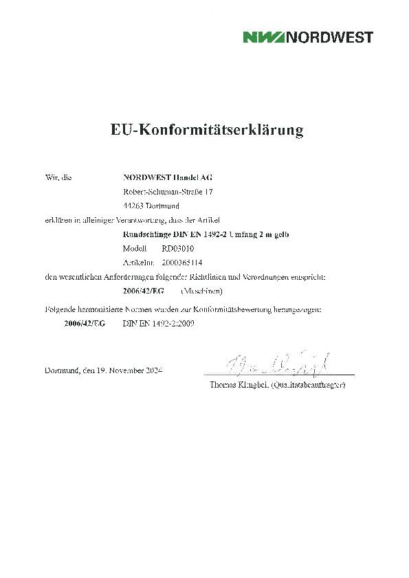 Rundschlinge DIN EN 1492-2 Umfang 2m gelb Tragf.einf.3000kg TECWERK