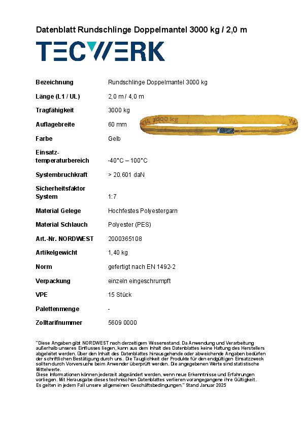 Rundschlinge DIN EN 1492-2 Umfang 4m gelb Tragf.einf.3000kg TECWERK