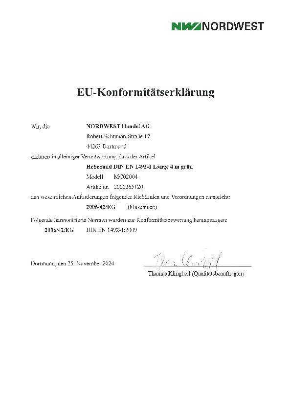 Hebeband DIN EN 1492-1 L.4m grün Tragf.einf.2000kg TECWERK