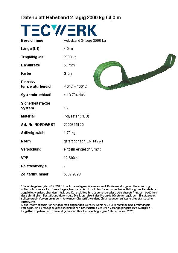 Hebeband DIN EN 1492-1 L.4m grün Tragf.einf.2000kg TECWERK