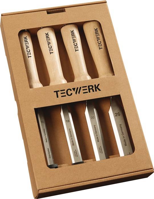 Stechbeitelsatz 10,16,20,26mm Weißbuchenh.Ulmer Form 4-tlg.Fensterkarton TECWERK