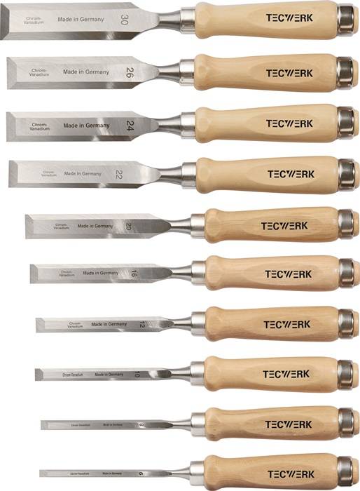 TECWERK 2000815371 Stechbeitelsatz 6,8,10,12,16,20,22,24,26, 30mm Weißbuchenh.Ul