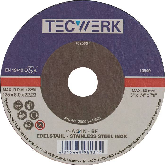 TECWERK 2000841326 Schruppscheibe INOX D125xS6mm gekr.INOX Bohr.22,23mm TECWERK