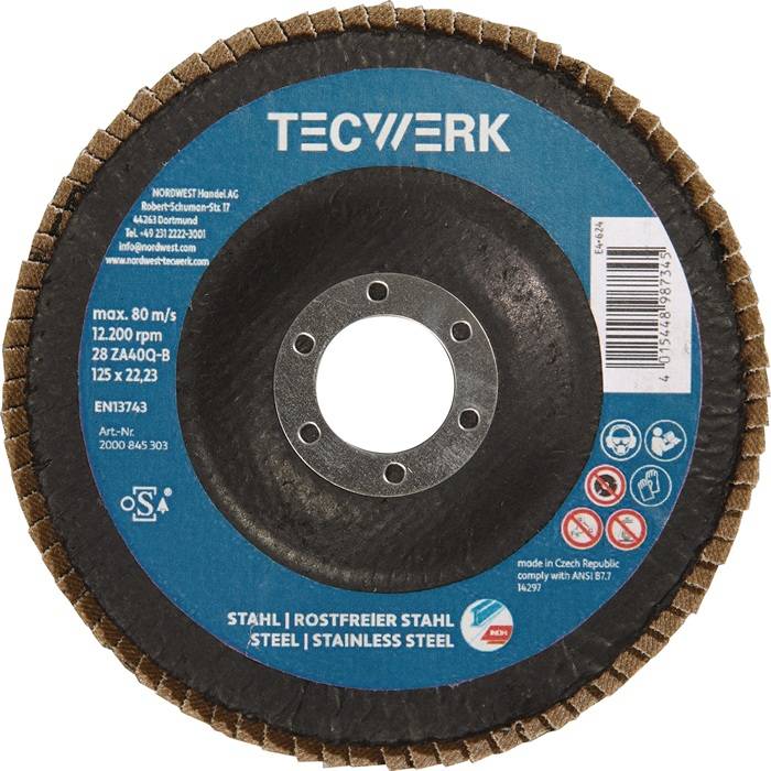 TECWERK 2000845304 Premium-Fächerscheibe 2in1 D.125mm K.60 fl.INOX/Stahl ZK TECW