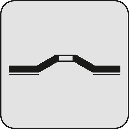 Symbol eines Geschwindigkeitsschwellen-Verkehrszeichens auf einem rechteckigen Schild, der die Anwesenheit einer Geschwindigkeitsschwelle auf der Straße anzeigt.