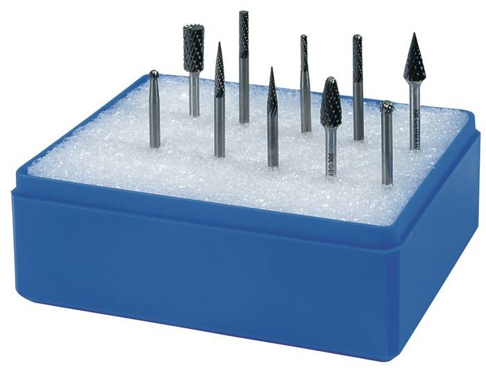 Kleinfrässtiftesatz Schaft-D.3mm 10-tlg.HM Verz.Kreuz Ku.-Kass.TECWERK