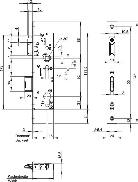 Panik-Einsteckschloss 7667 Fkt.E ktg 24x245 mm/40/92 DIN L/R VA 40mm WILKA
