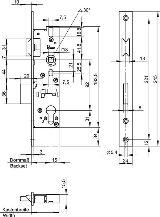 RR Einsteckschlösse 1438 PZ 45/92 VA rostfr.Riegelausschl.24mm 245mm WILKA