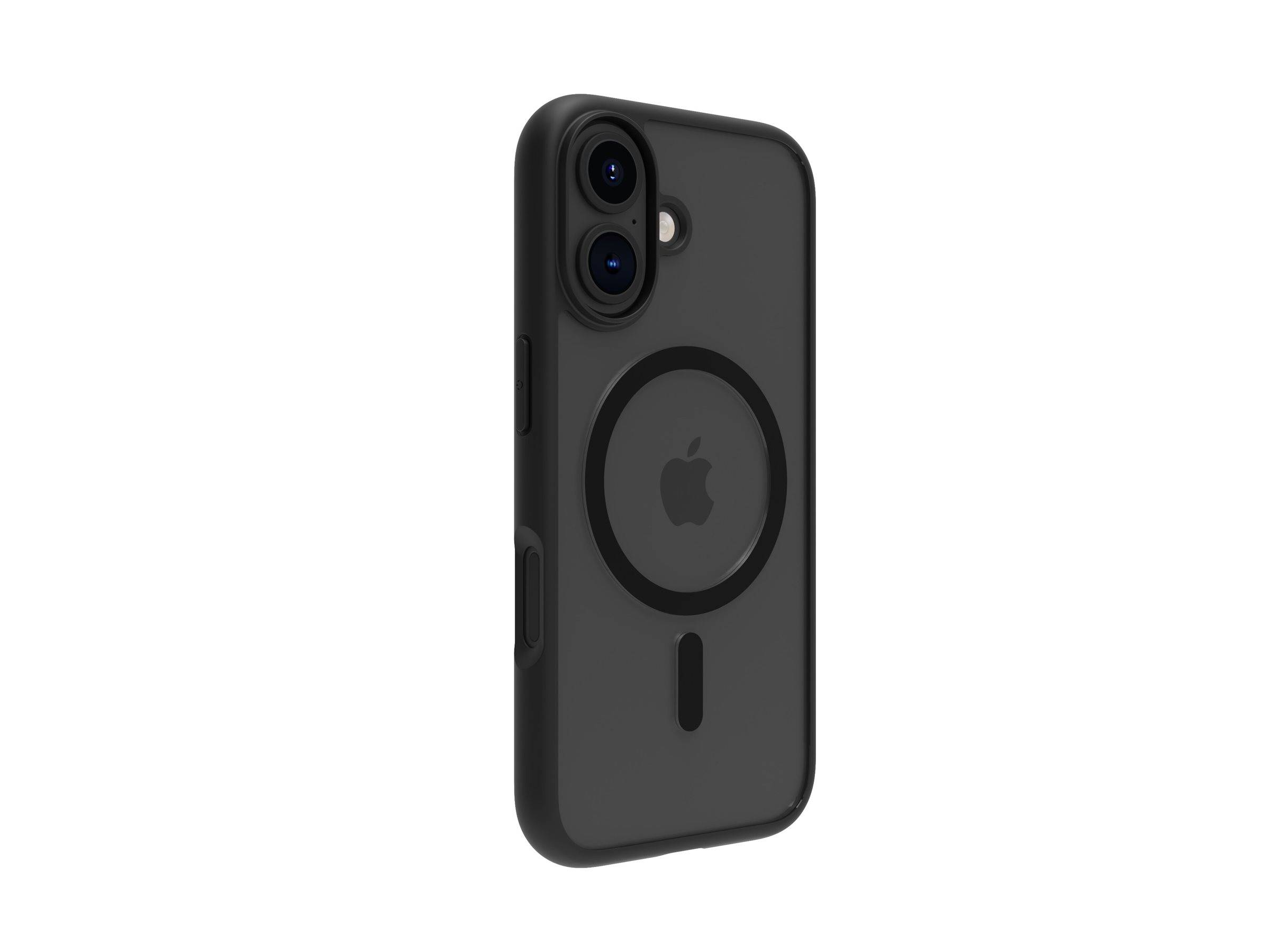 Schwarze Smartphonehülle mit MagSafe-Ring und Ausschnitt für Dual-Kamera auf weißem Hintergrund.