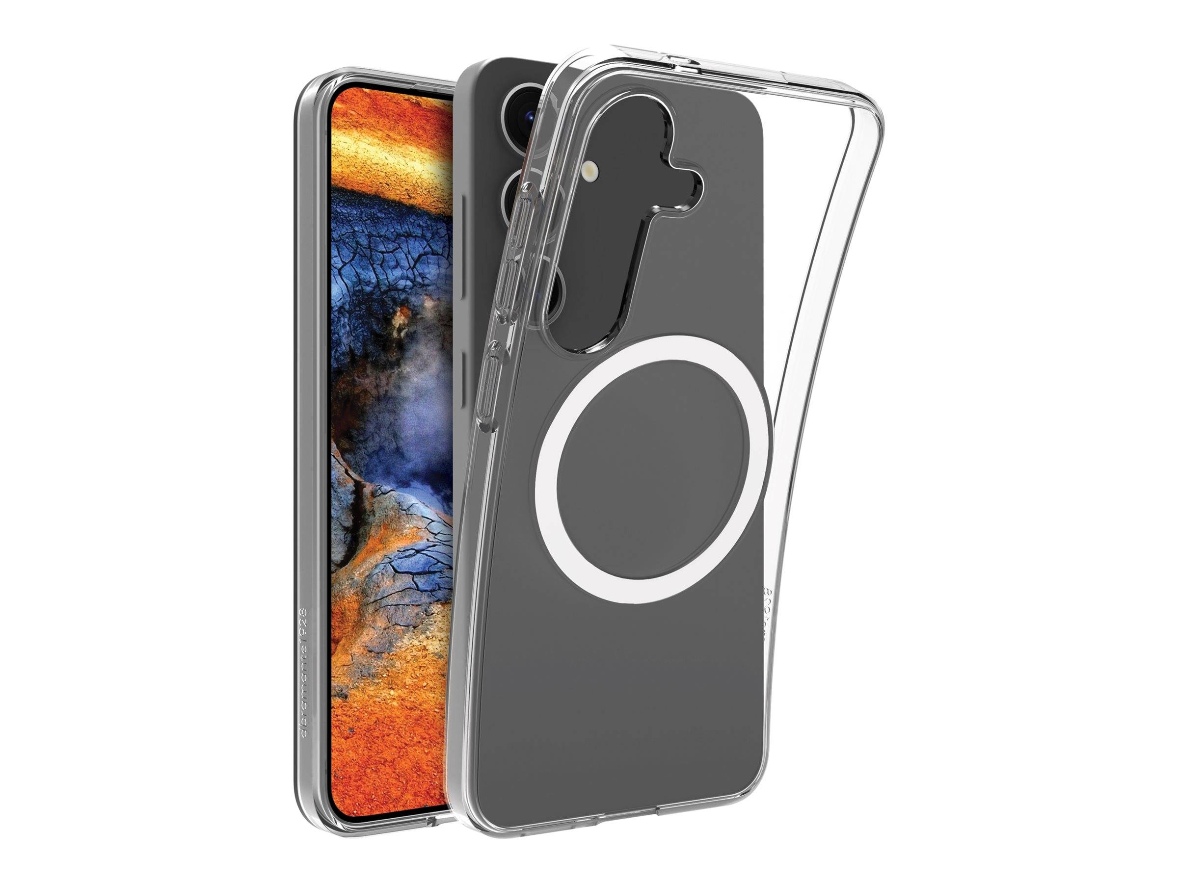 Transparente Handyhülle mit einem MagSafe-Ring, die ein Smartphone mit einem lebendigen, abstrakten orange-blauen strukturierten Hintergrundbild präsentiert.