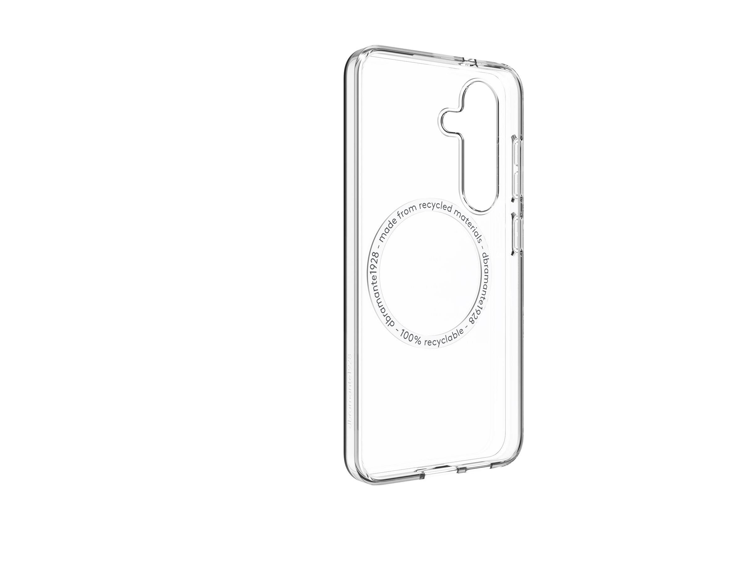 Transparente Handyhülle mit Kameraausschnitt; Text lautet '100% recyceltes Material'.