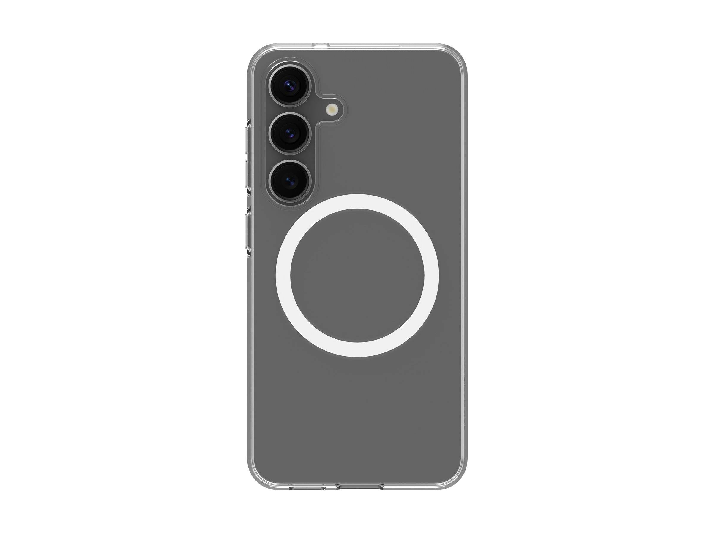 Ein Smartphone mit elegantem, minimalistischem Design verfügt über einen grauen Rücken und ein weißes kreisförmiges Symbol um sein Kameramodul.