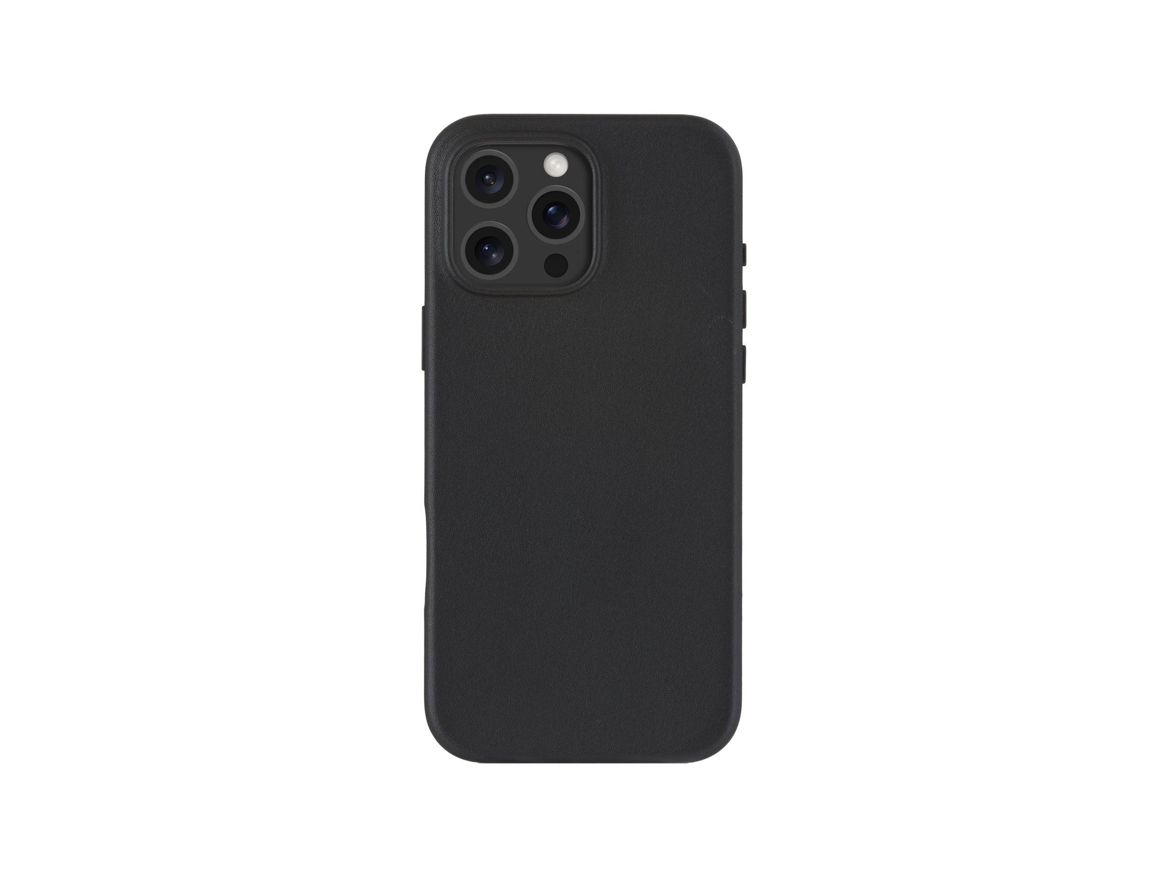 Schwarze Smartphone-Schutzhülle in Vorderansicht mit Kameraauschnitt für drei Linsen und Blitzlicht, zentriert auf weißem Hintergrund.