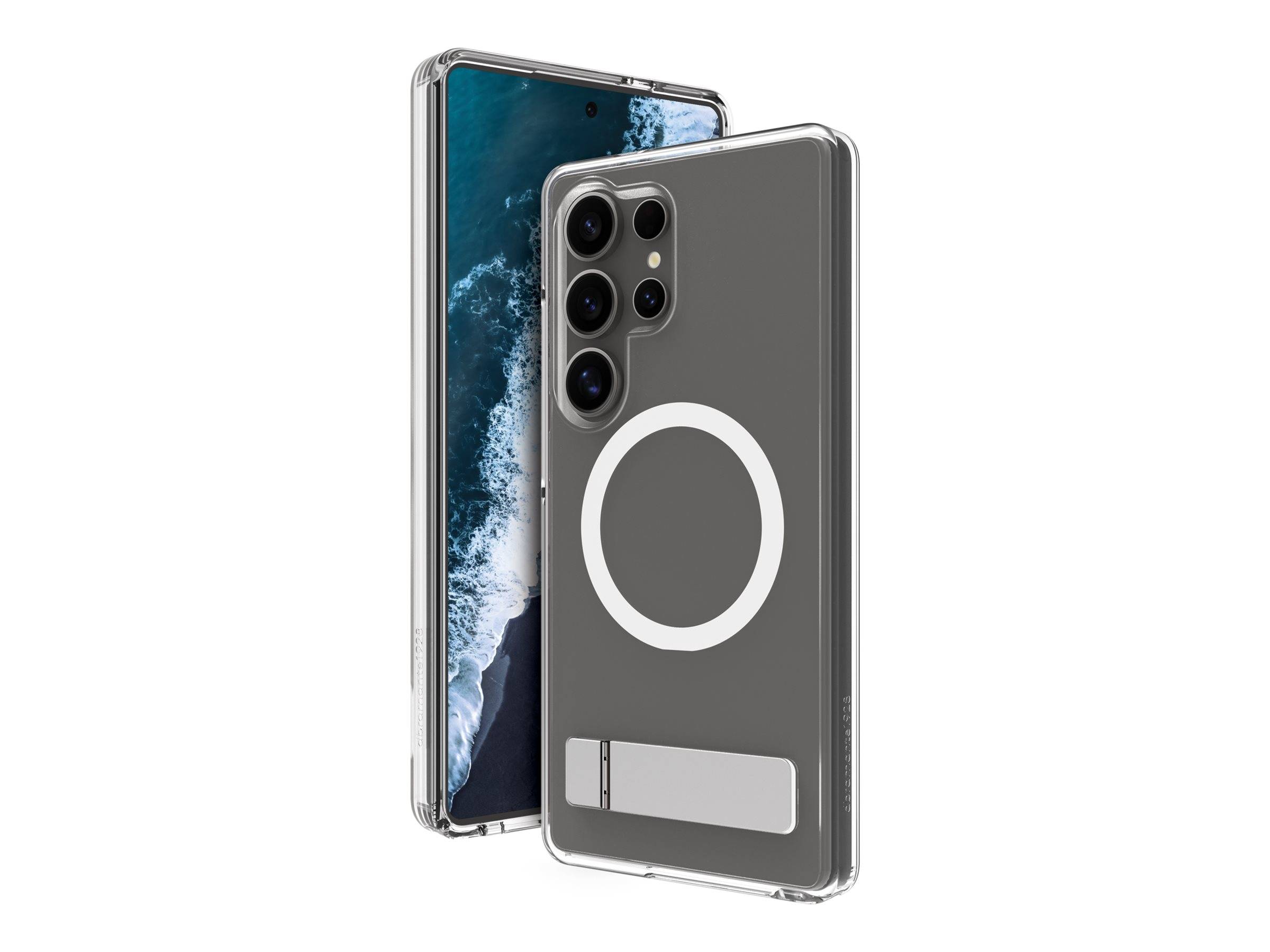 Transparente Handyhülle auf einem Smartphone, die die Rückkameras und den Bildschirm mit einem Strand-Hintergrund zeigt. Ein Ringdesign ist auf der Rückseite der Hülle sichtbar.