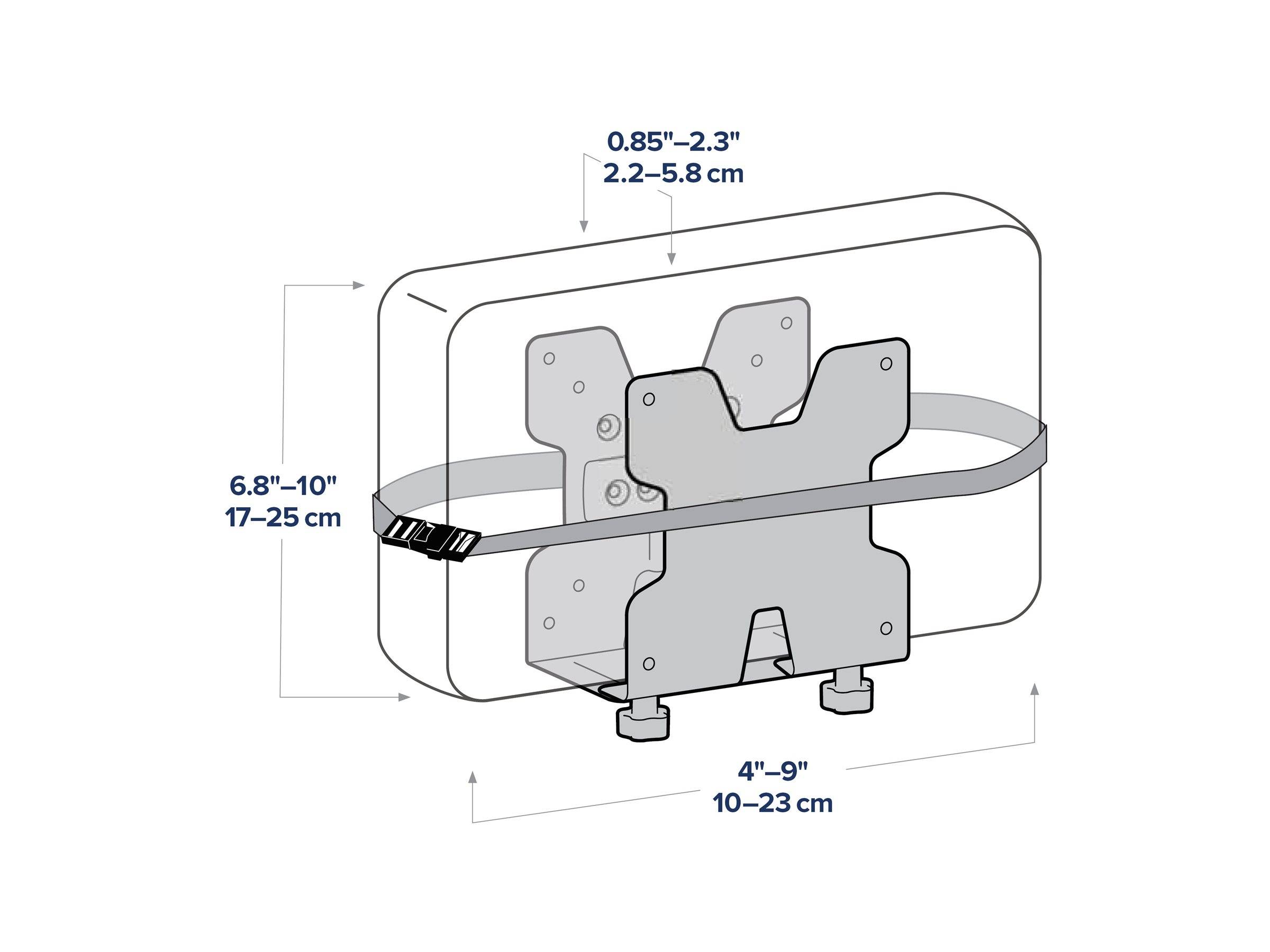 Diagramm einer wandmontierten Fernseh-Halterung mit Riemen, zeigt verstellbare Tiefe 0,85-2,3 Zoll, Höhe 6,8-10 Zoll und Breite 4-9 Zoll.