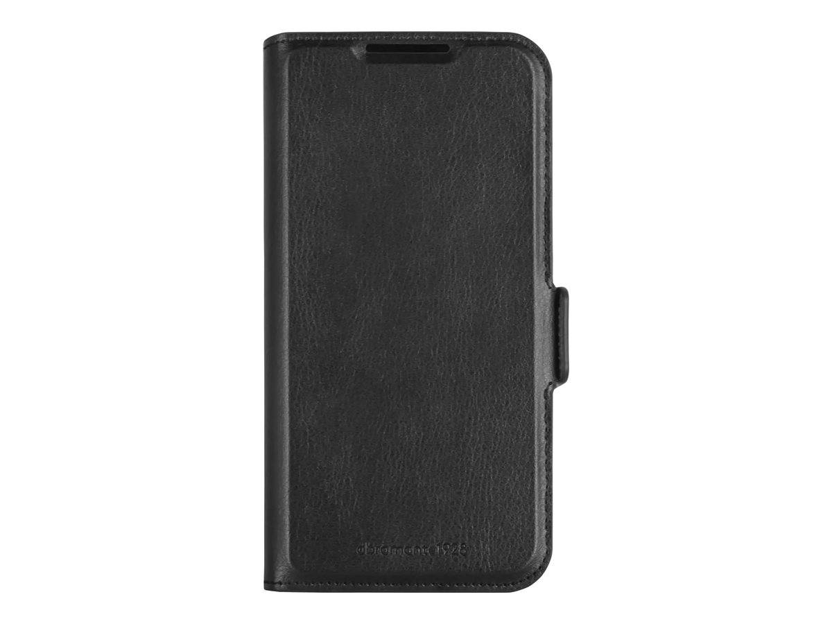 Schwarzes Smartphone-Folio aus Leder mit Vorderdeckel und Seitenverschluss, geschlossen auf weißem Hintergrund dargestellt.