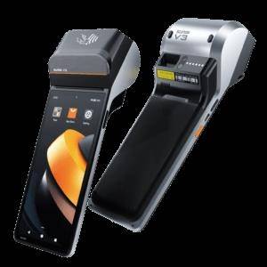 Zwei tragbare Zahlungsterminals von vorne und von hinten gezeigt, mit Touchscreen-Displays und integrierten Belegdruckern.