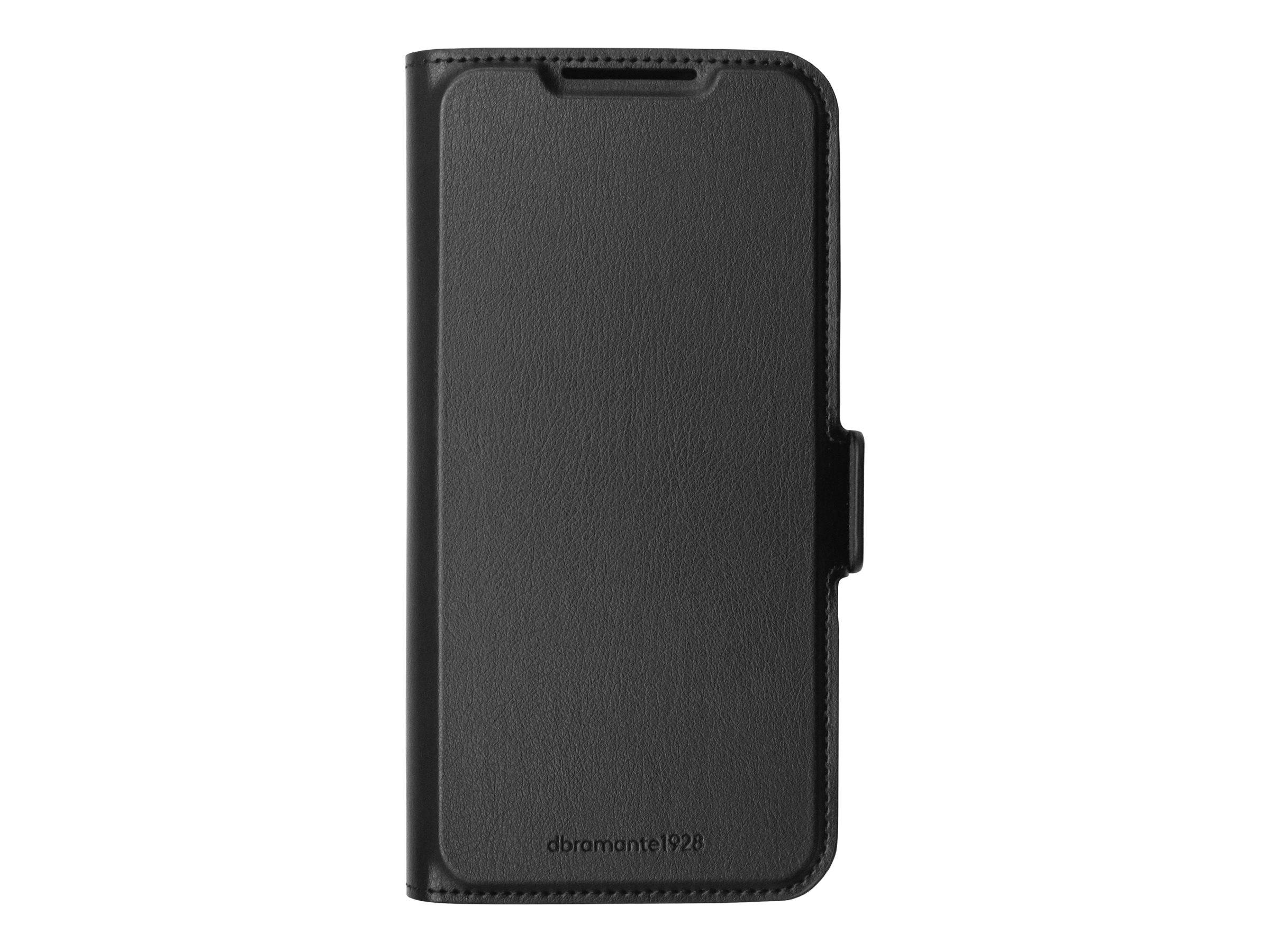 Ein schwarzer Leder-Handyhülle mit einer vorderen Klappe und der Marke 'dbramante1928', die am unteren Ende geprägt ist und eleganten Schutz für Smartphones bietet.