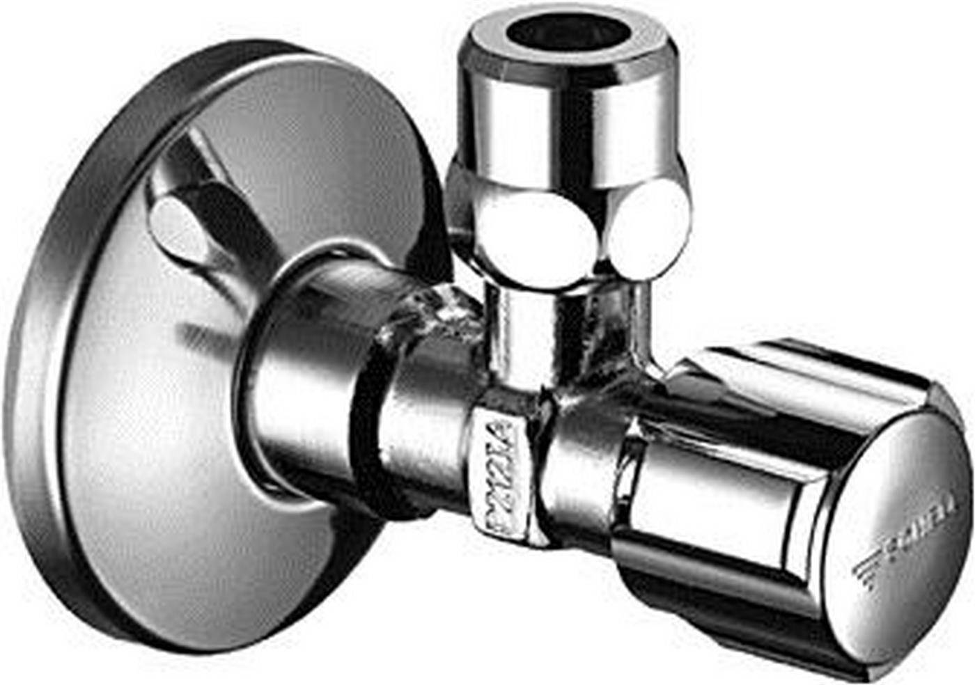 Chrom-Winkelventil mit rundem Wandrosettenschild und seitlichem Griff, das zur Steuerung des Wasserflusses von einer an der Wand angebrachten Sanitärverbindung verwendet wird.