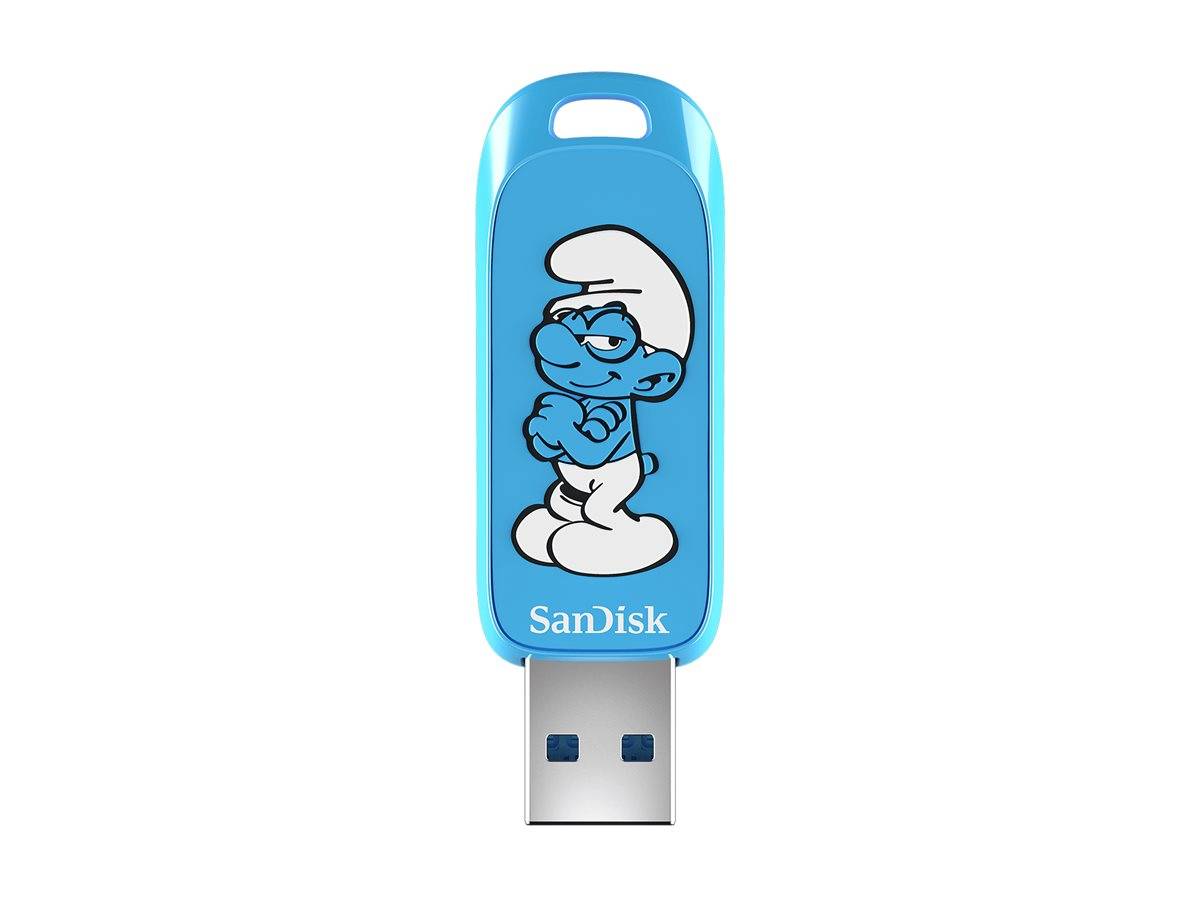 Ein blauer SanDisk USB-Stick mit einer Zeichentrickfigur auf seinem Gehäuse, die die Arme verschränkt hat.
