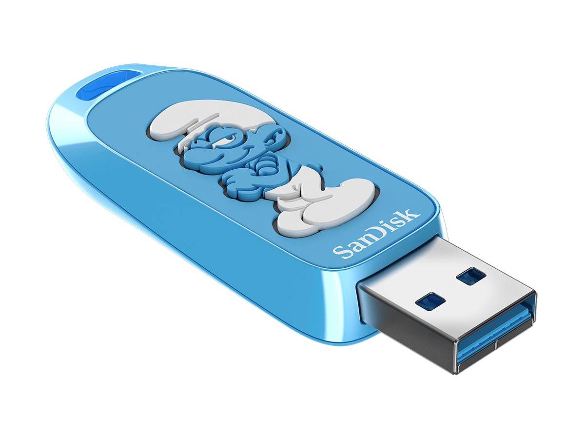 Ein blauer USB-Stick mit einer detaillierten Illustration einer Zeichentrickfigur auf seiner Oberfläche, beschriftet mit dem Markennamen 'SanDisk'.