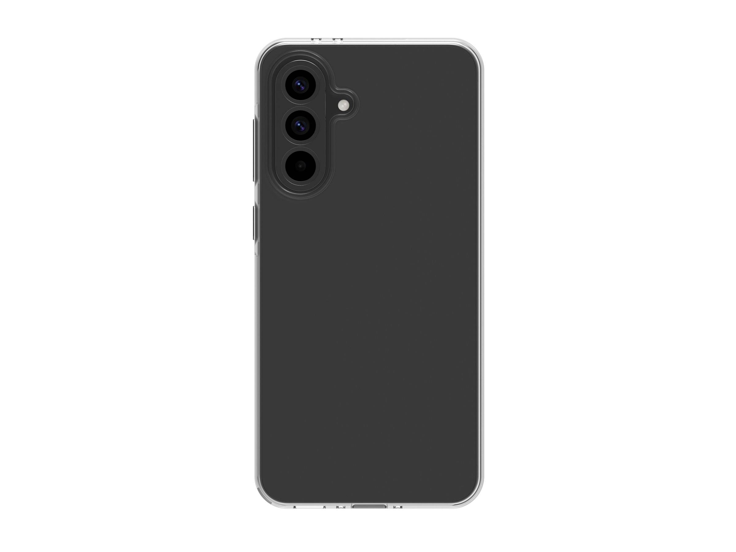 Ein Smartphone mit drei Rückkameras und einem silbernen Rand wird vor einem weißen Hintergrund präsentiert.