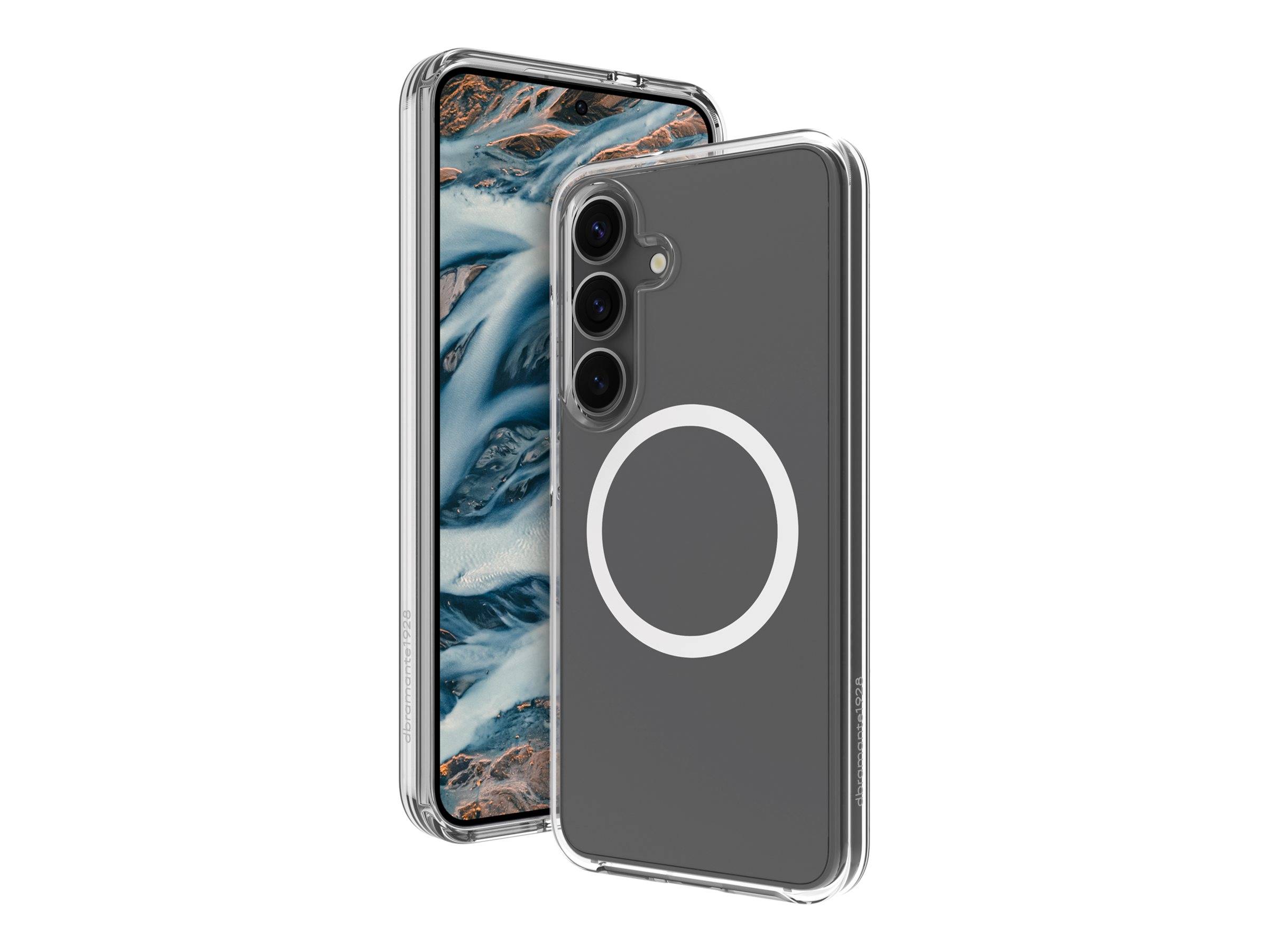 Transparente Handyhülle auf einem Smartphone mit Dreifach-Kameraaufbau und kreisförmigem Design. Der Bildschirm des Telefons zeigt eine Naturszene mit Wasserfällen.