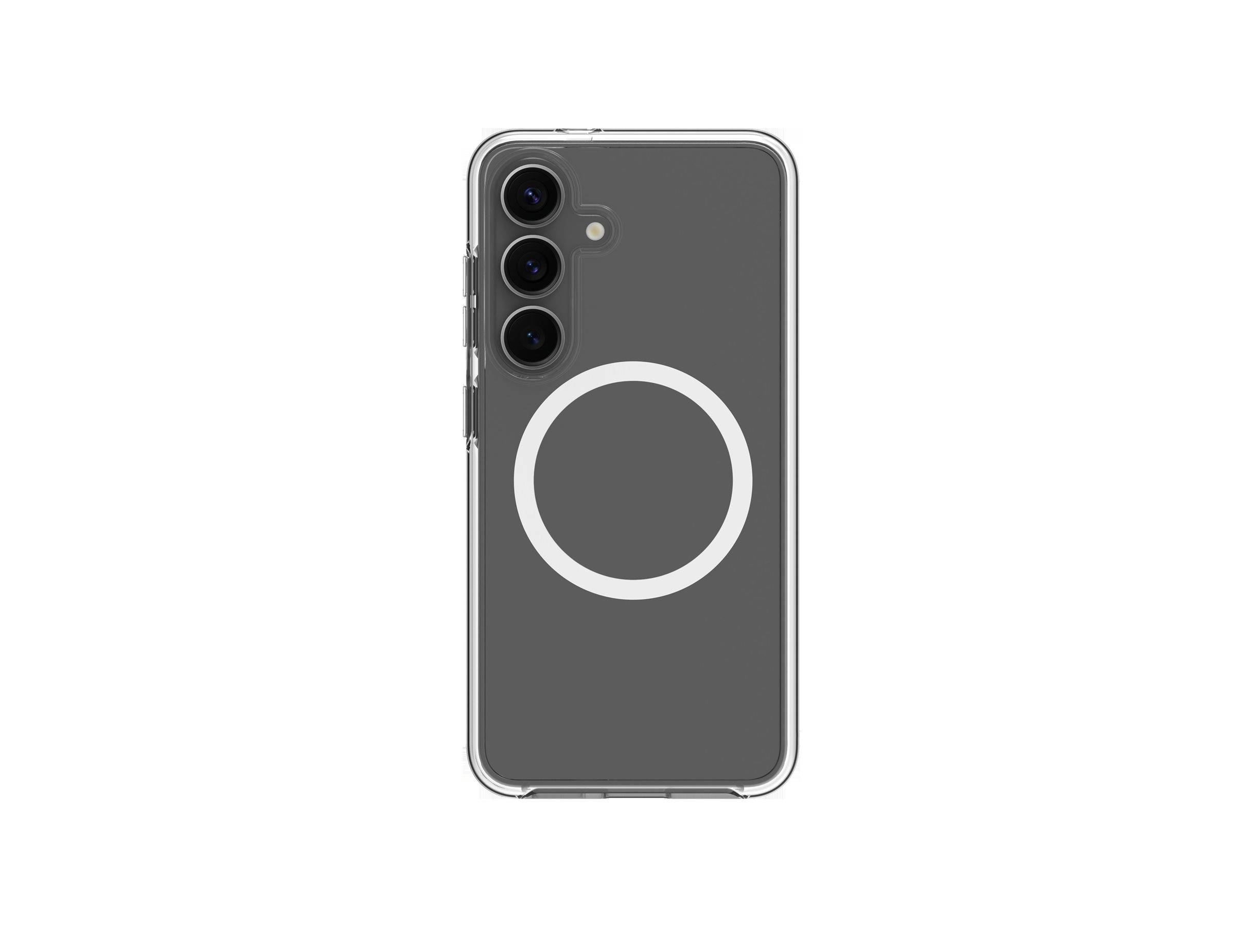 Eine durchsichtige Smartphone-Hülle mit einem kreisförmigen Design auf der Rückseite, auf der drei Kameraobjektive vertikal auf der linken Seite angeordnet sind.