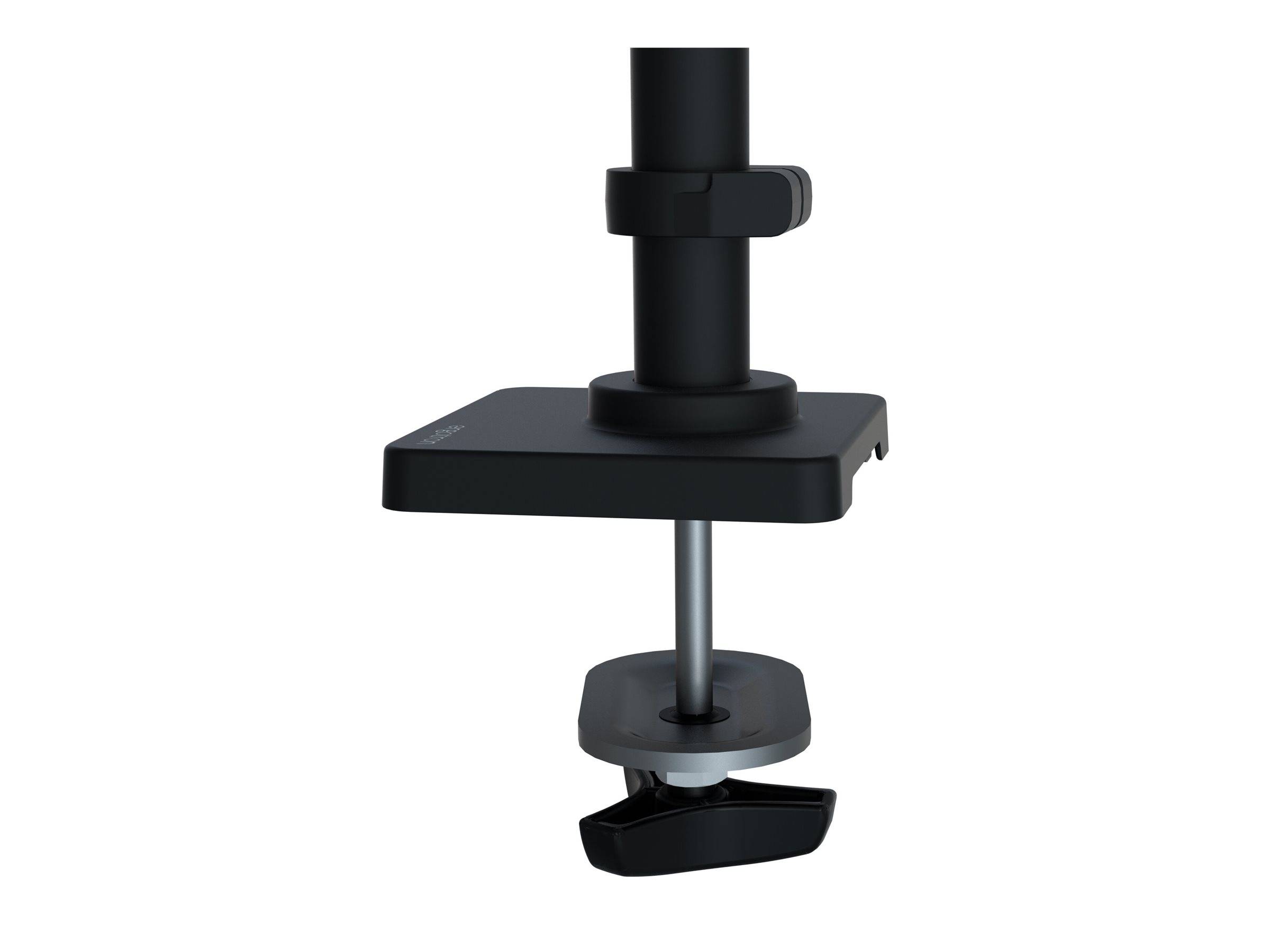 Schwarze Schraubklemme für Schreibtisch mit vertikalem Pfosten, flacher Plattform und unterem Befestigungsbügel auf weißem Hintergrund.