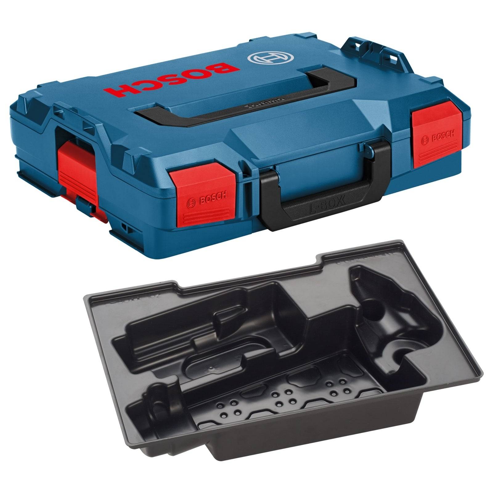 Blaue Bosch Tragekoffer mit roten Verschlüssen, präsentiert mit einer schwarzen Innenablage, die speziell entwickelt wurde, um ein bestimmtes Werkzeugset sicher zu fixieren.