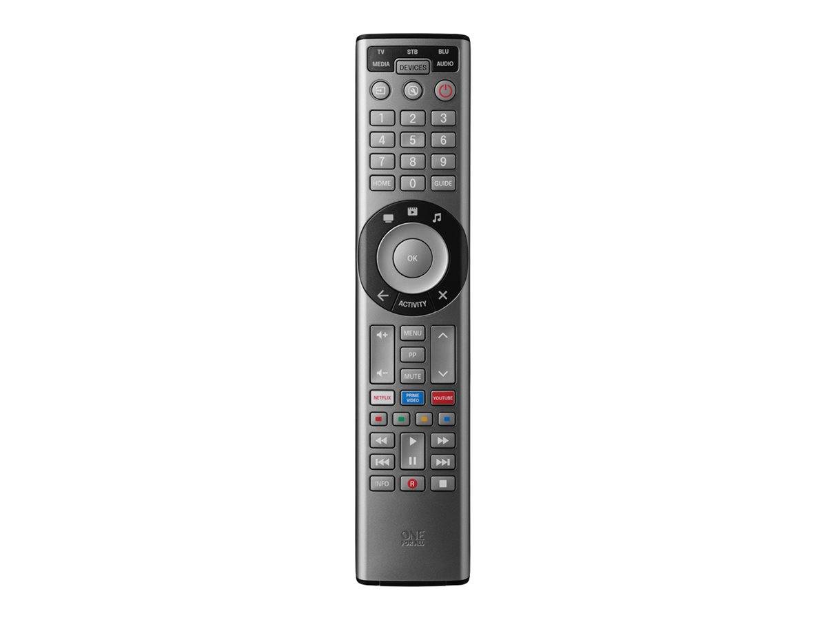Eine schwarze Fernbedienung für den Fernseher mit Ein-/Ausschalter, Zifferntasten, Lautstärke-/Sendersuchbefehlen und Mediatasten.