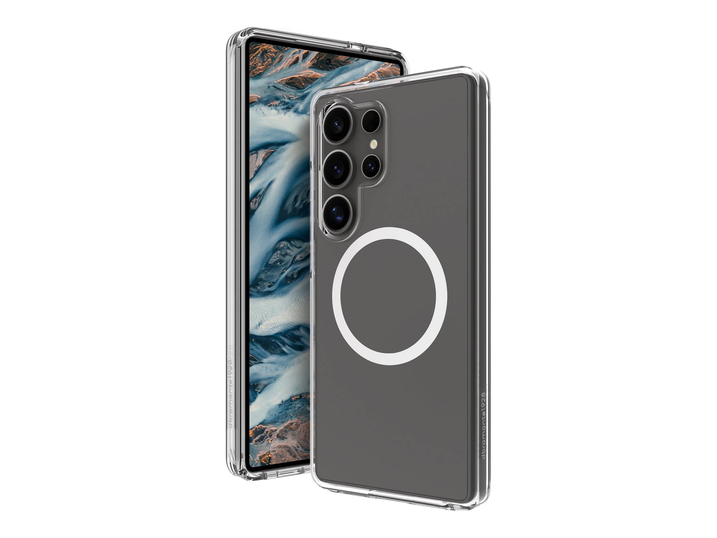 Eine transparente Handyhülle mit einem MagSafe-Ring auf der Rückseite ist auf einem Smartphone mit einem Wasserfall-Bild auf dem Bildschirm zu sehen.