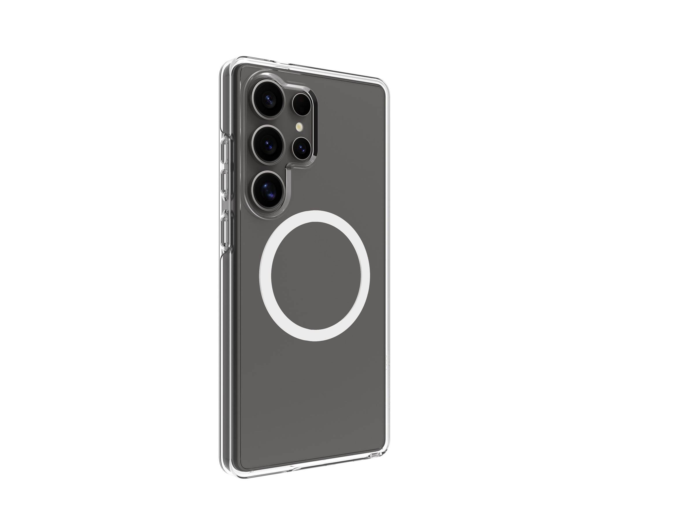 Eine transparente Handyhülle mit einem kreisförmigen Mag Safe-Ring auf der Rückseite, die für ein Smartphone mit vier Rückkameras entwickelt wurde.