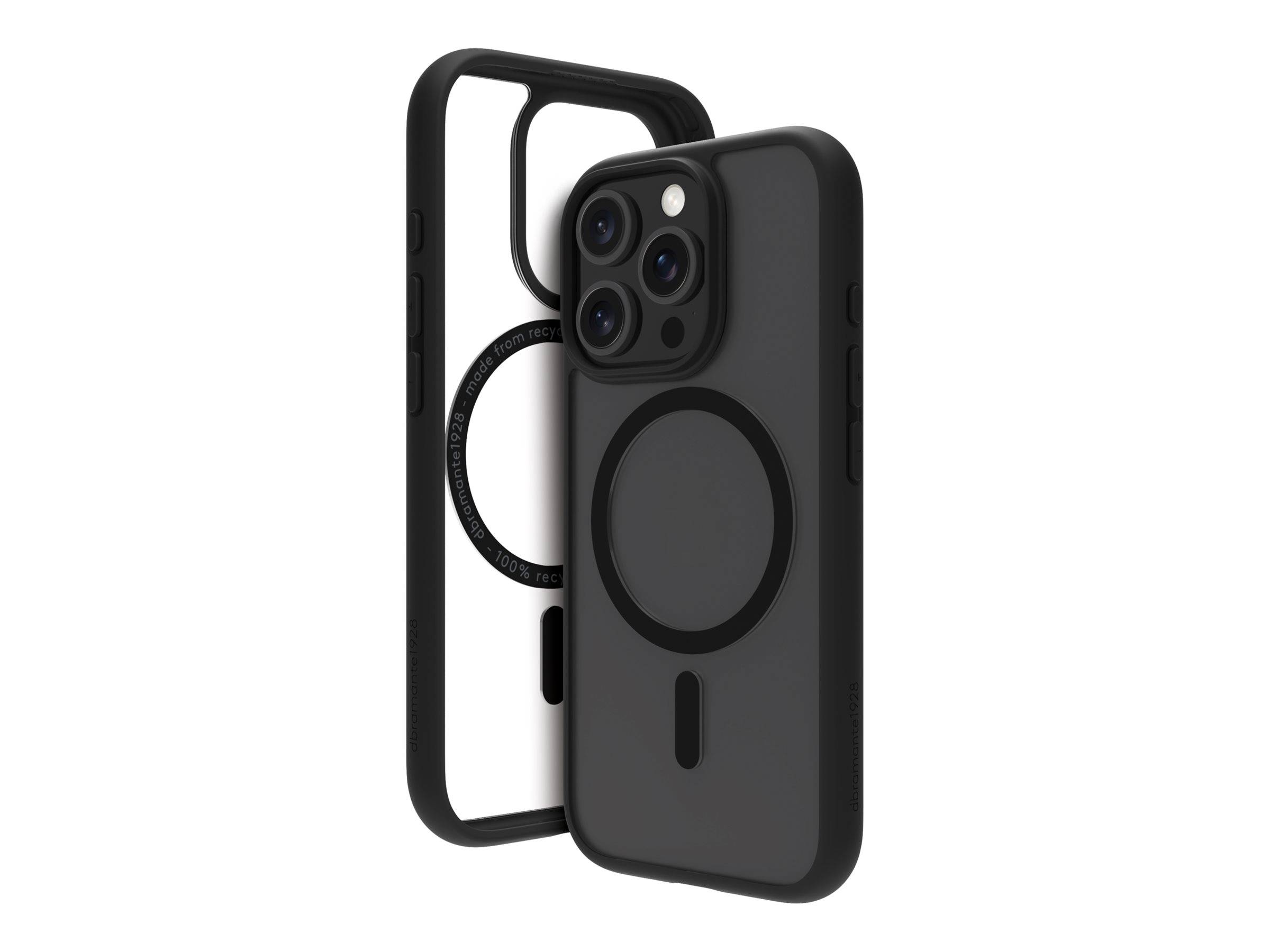 Eine schwarze Smartphone-Hülle mit MagSafe-Kompatibilität, ausgestattet mit einem kreisförmigen magnetischen Ring und strukturierten Kanten für einen verbesserten Halt, von hinten und der Seite gezeigt.