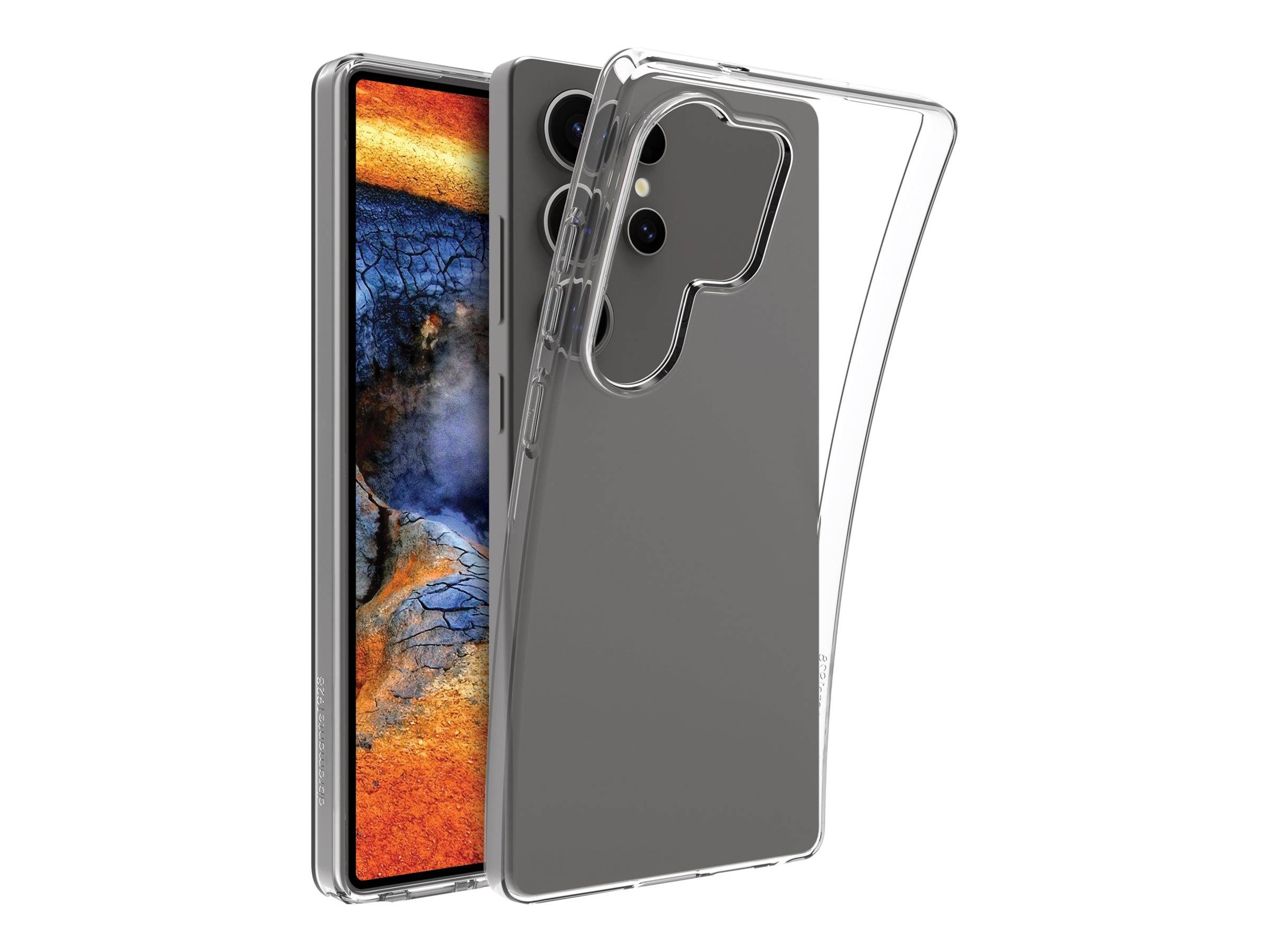 Ein Smartphone mit einem lebendigen Display, das abstrakte Kunst zeigt, neben einem transparenten Schutzgehäuse, das das Design des Geräts freilegt.