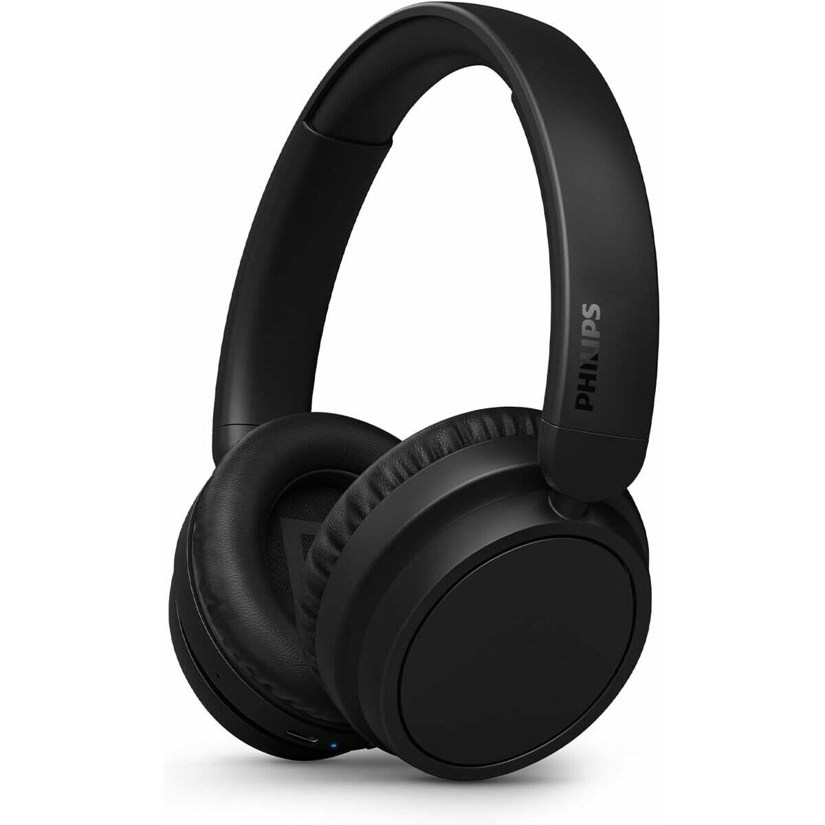 Schwarze kabellose Kopfhörer von Philips zum Überziehen über die Ohren auf weißem Hintergrund.