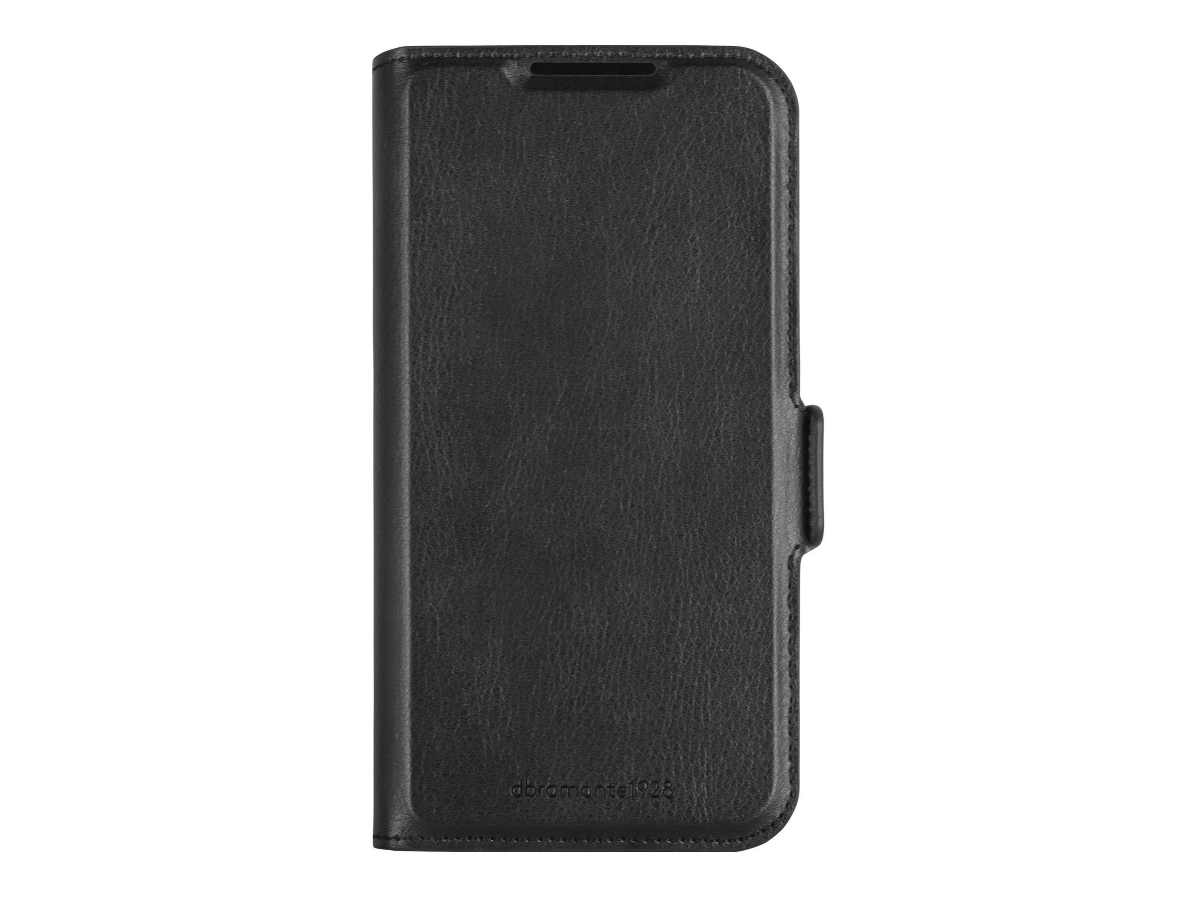 Eine schwarze Leder-Handyhülle mit Geldbörse, geschlossen und von vorne betrachtet. Sie verfügt über ein schlankes Design mit einer Klappe auf der rechten Seite.