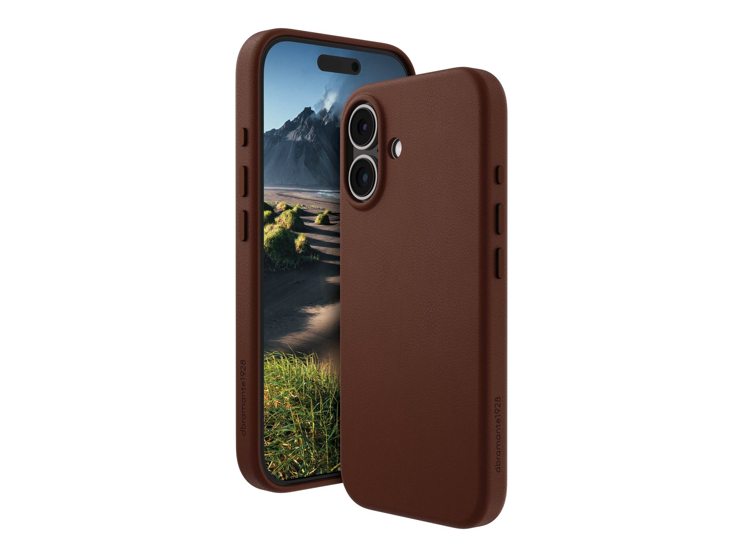 Ein brauner Handyfall mit zwei Kameraausschnitten, der vor einem Handy mit einer Strand- und Berglandschaft auf dem Bildschirm positioniert ist.