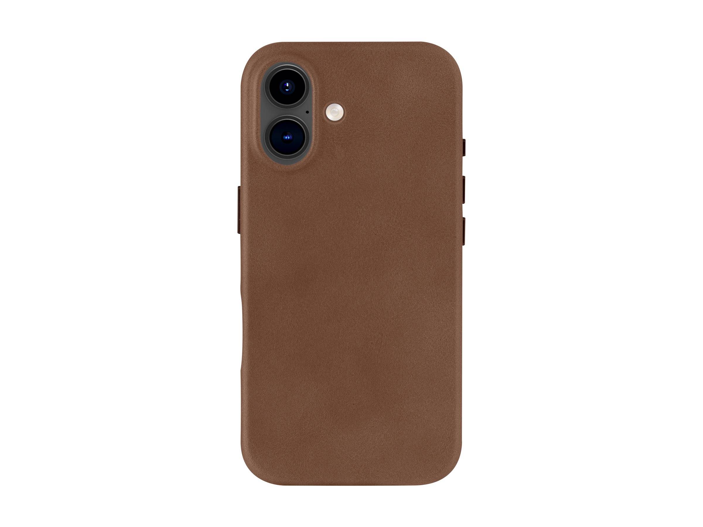 Eine braune Lederschutzhülle für Smartphones mit Aussparungen für eine Doppelkamera und einer Öffnung für den seitlichen Knopf.