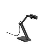 Schwarze verstellbare Schreibtischlampe mit gelenkigem Arm und Fuß, auf weißem Hintergrund dargestellt, mit sichtbarem Stromkabel.