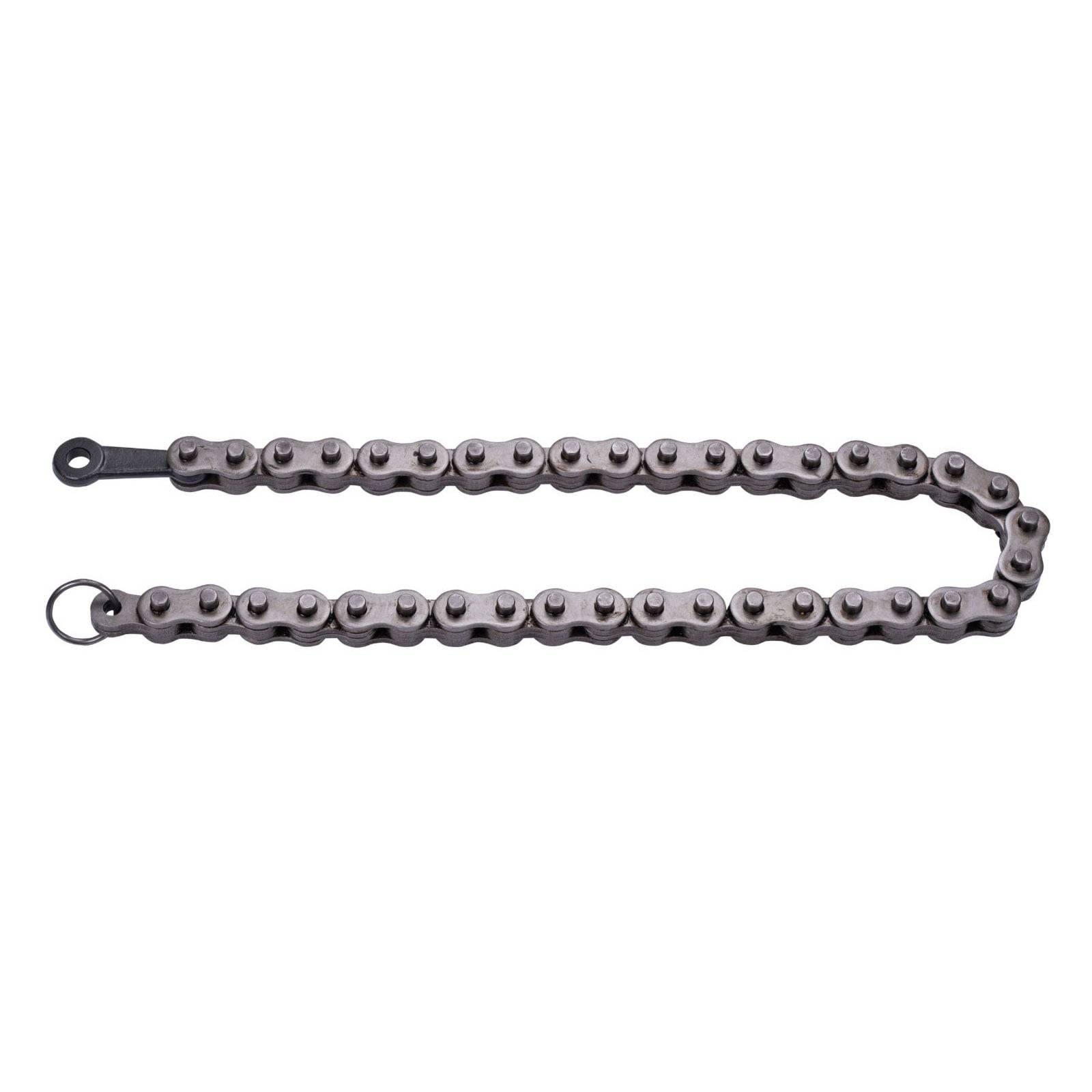 Eine Fahrradkette flach ausgelegt, die ihre Glieder und Struktur zeigt.